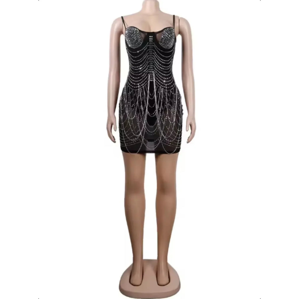 Franklin Township Rhinestone Fringe Glam Mesh Sequins Party Clubwear Mini Dress