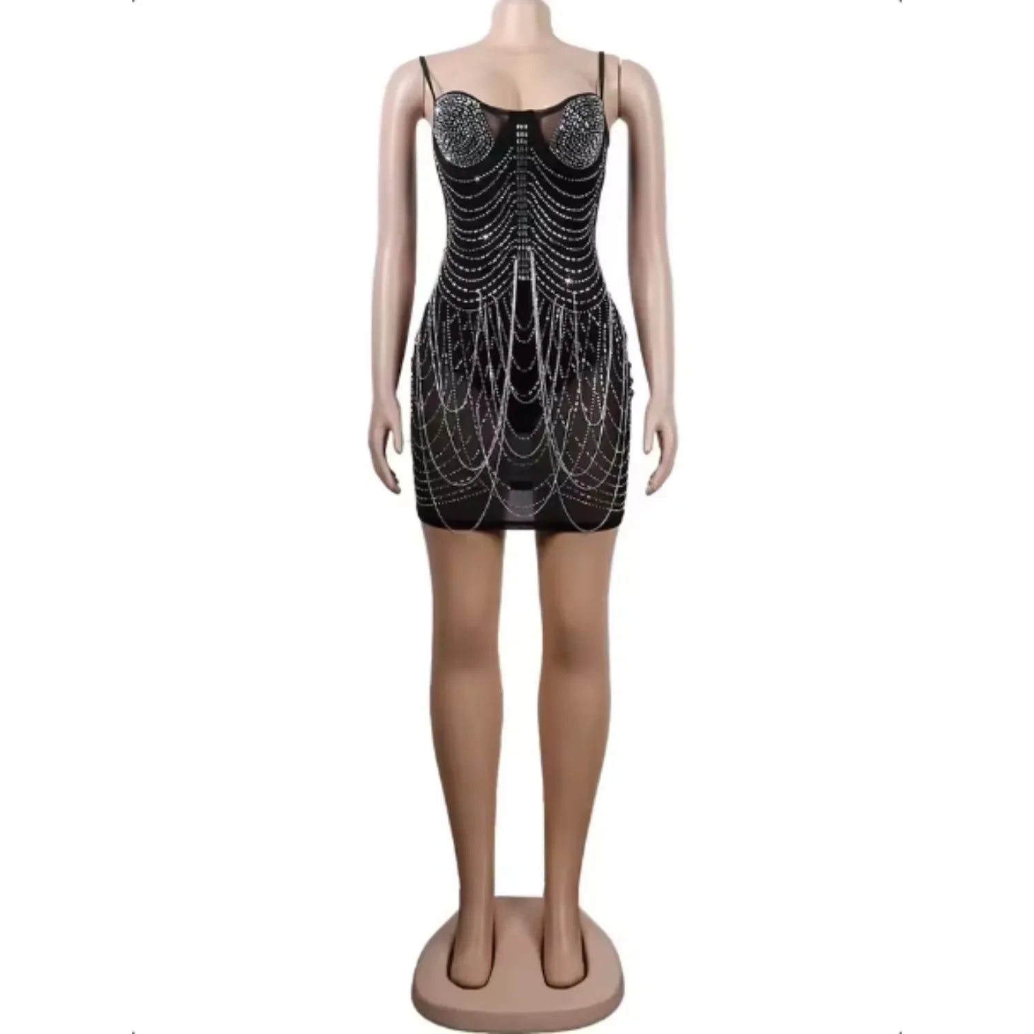 Franklin Township Rhinestone Fringe Glam Mesh Sequins Party Clubwear Mini Dress