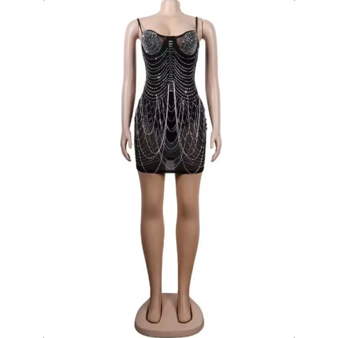 Franklin Township Rhinestone Fringe Glam Mesh Sequins Party Clubwear Mini Dress