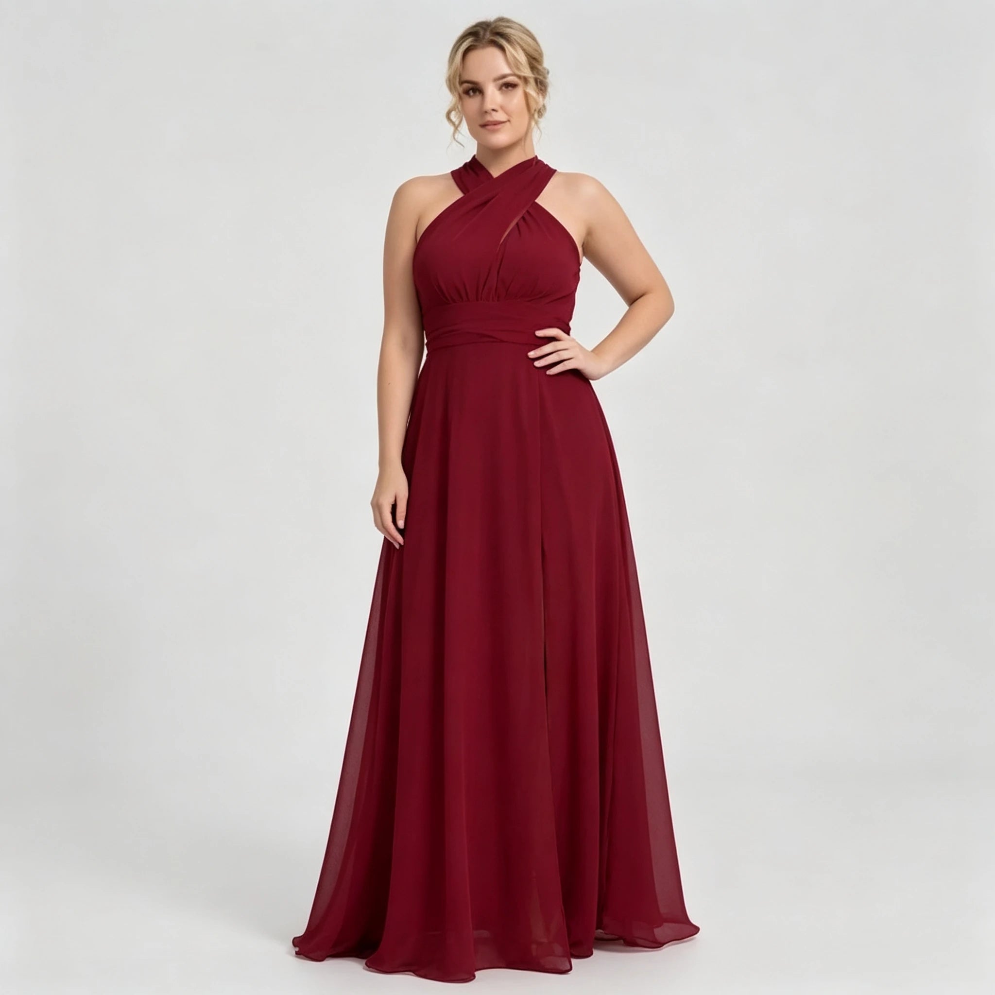 Montclair Multi Wrap Convertible Chiffon Long Bridesmaid Gown Front Split Dress