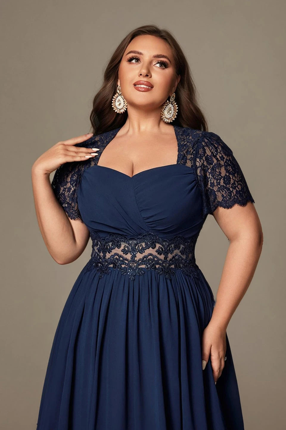 Paterson Plus Size A Line Lace Short Sleeved Formal Evening Gown Sheer High-Waisted Maxi Dress