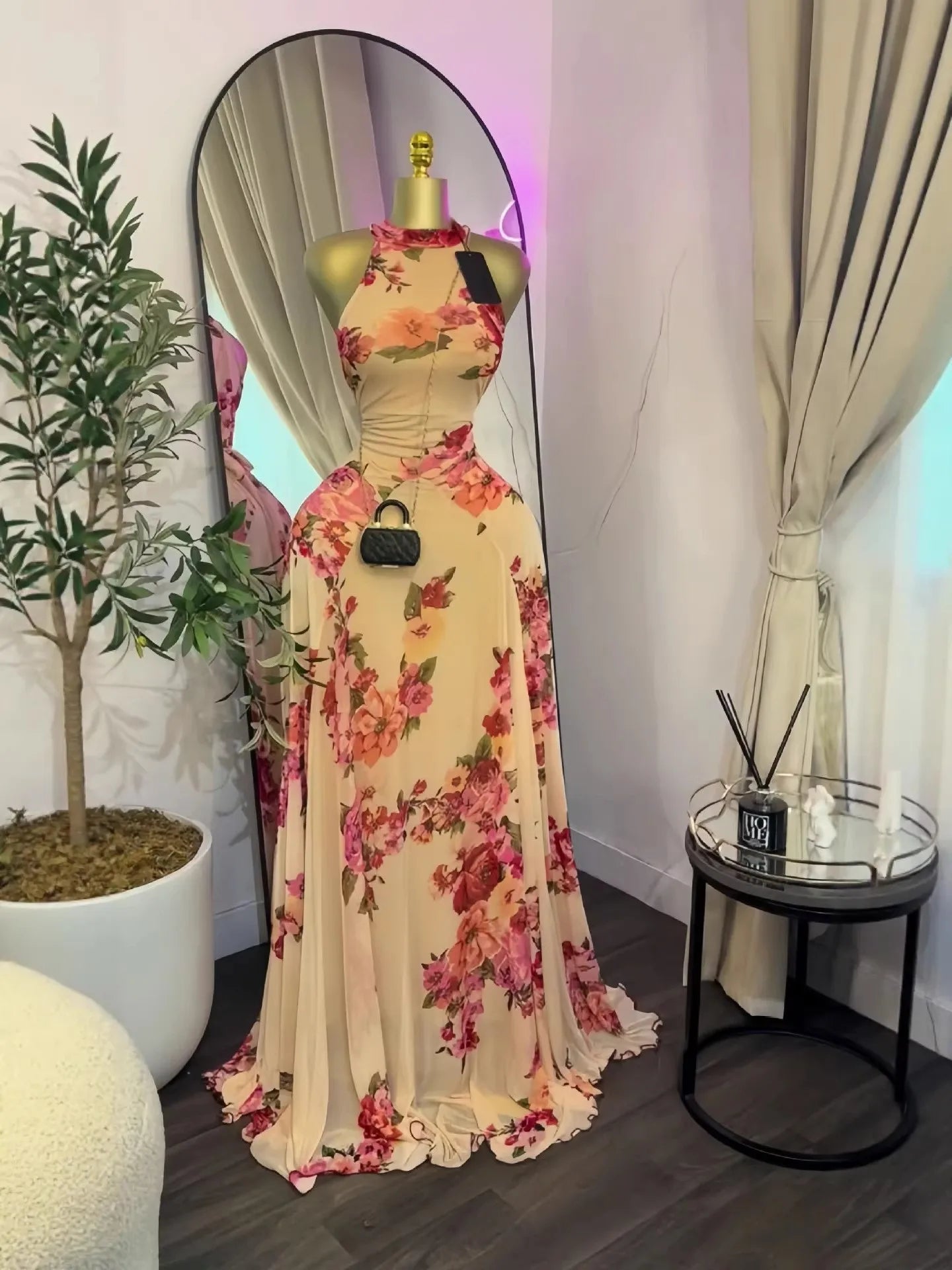O Neck Sleeveless Floral Print Mermaid Evening Birthday Beach Sexy Maxi Dress
