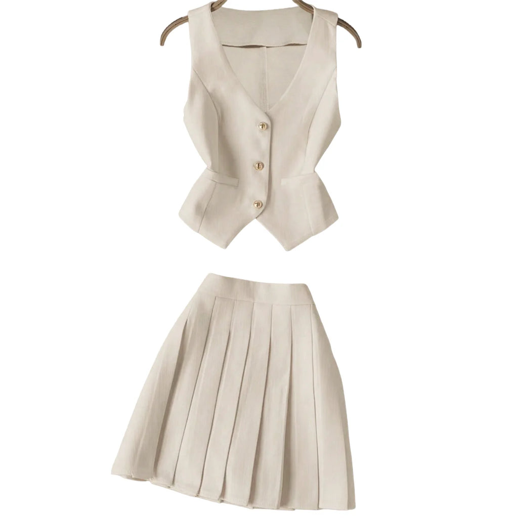 Lisbeth V-Neck Waist-Cinching Vest & Pleated Two Piece Sets