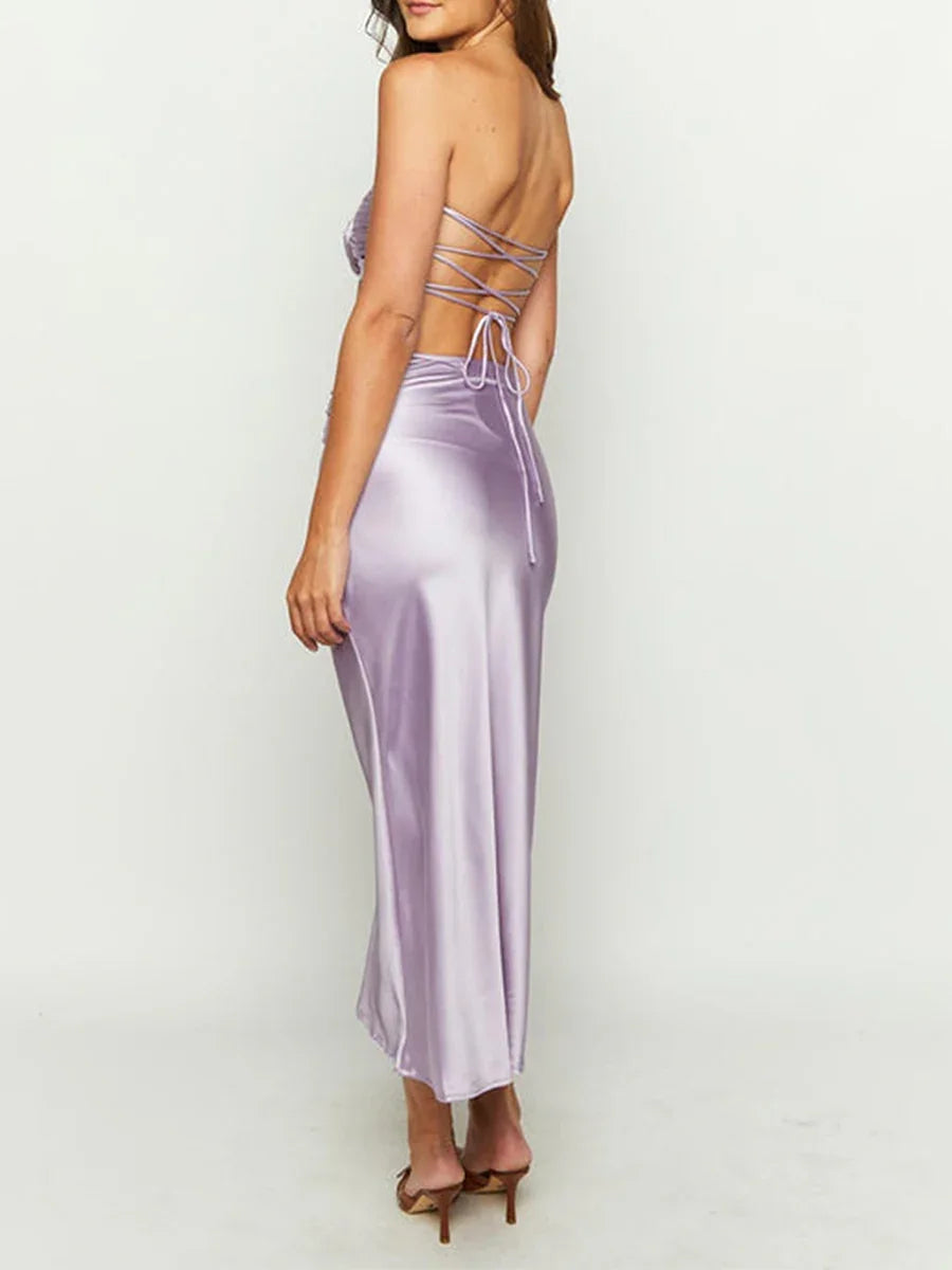 Jamesport Outfits 3D Flowers Ruched Satin Bandeau Partywear Set