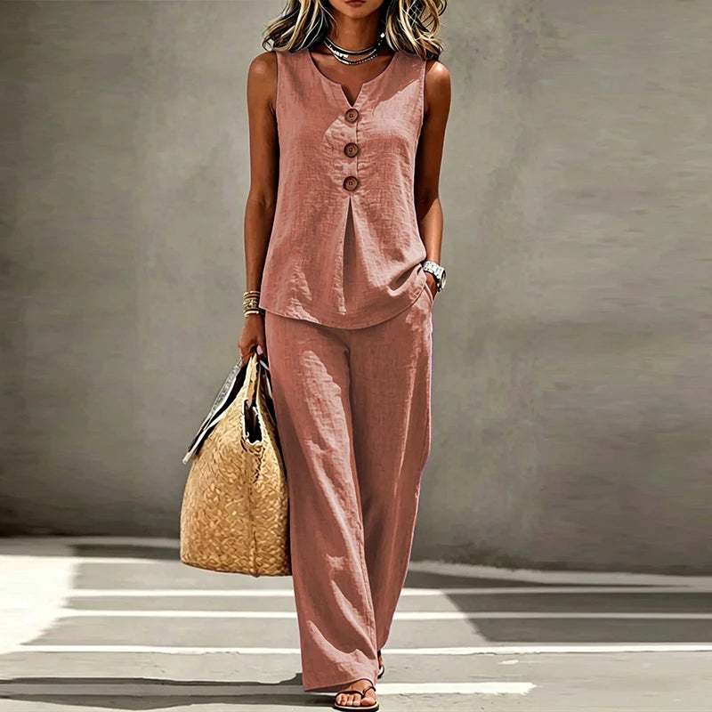 Merida Summer Sleeveless V Neck Button Two Piece Sets