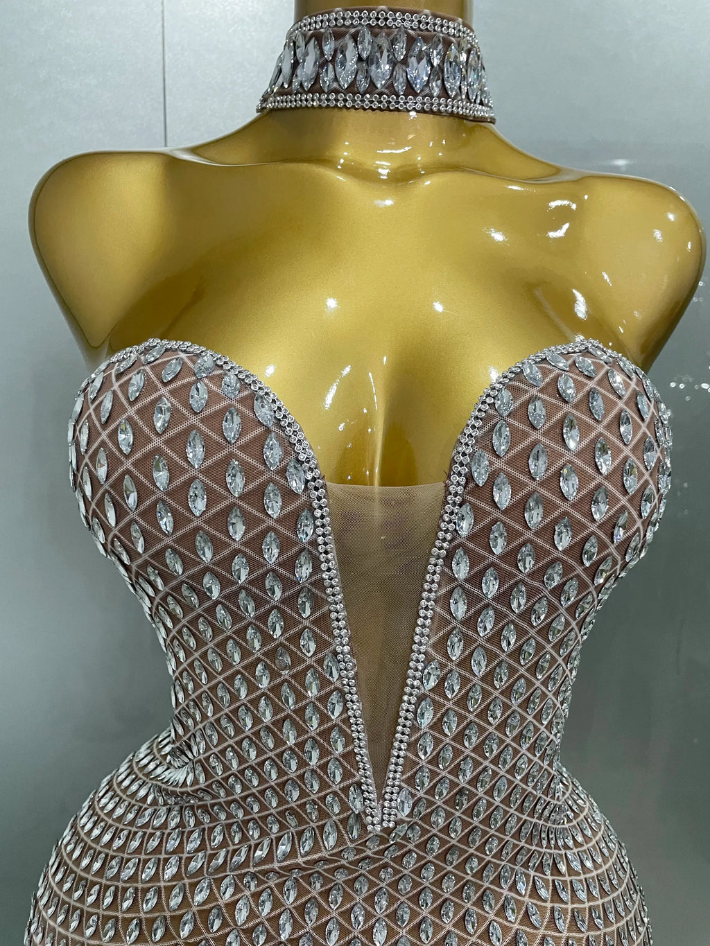 Frederick Full Rhinestones Mesh Transparent Long Elegant Dress