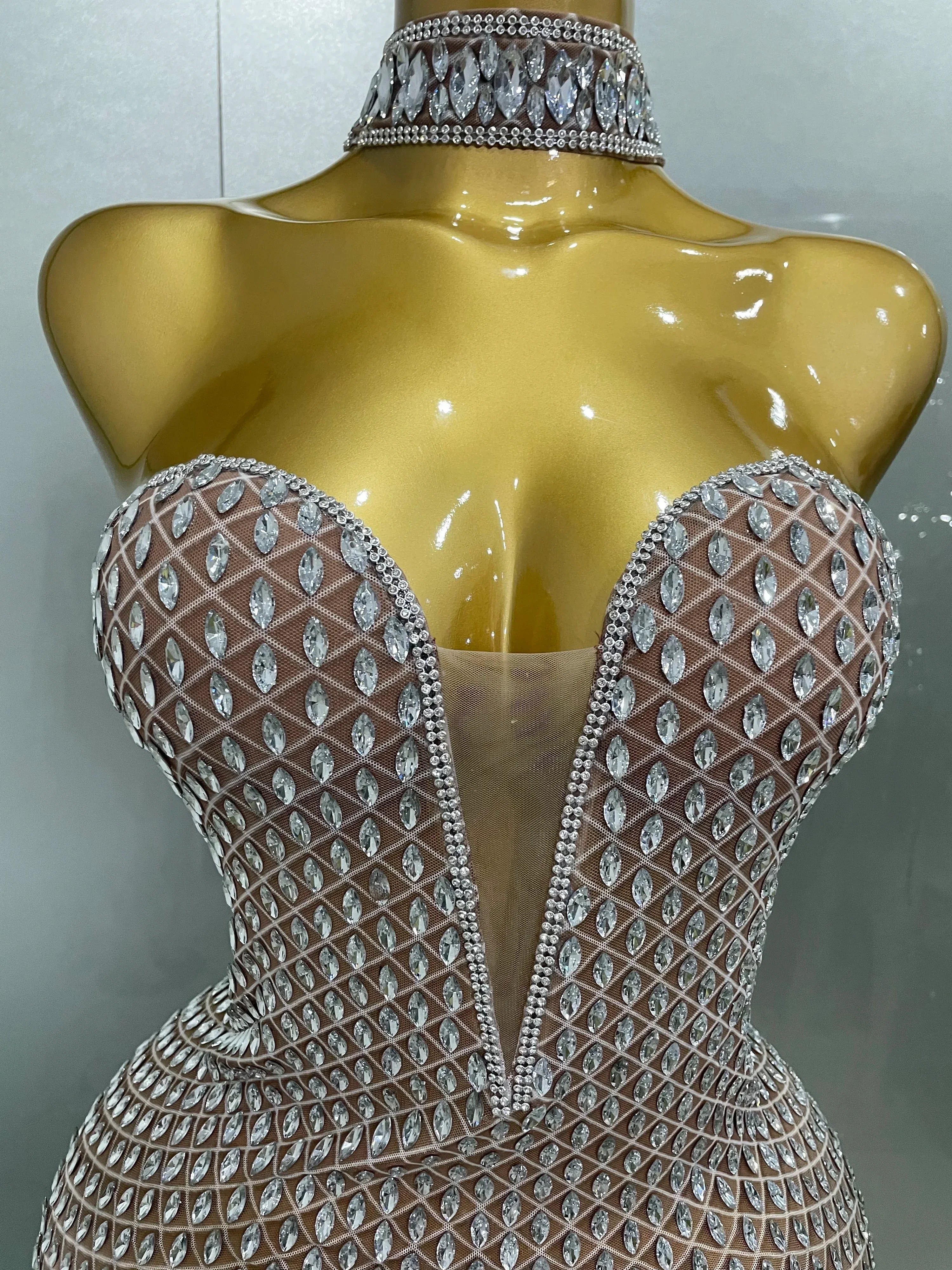 Frederick Full Rhinestones Mesh Transparent Long Elegant Dress