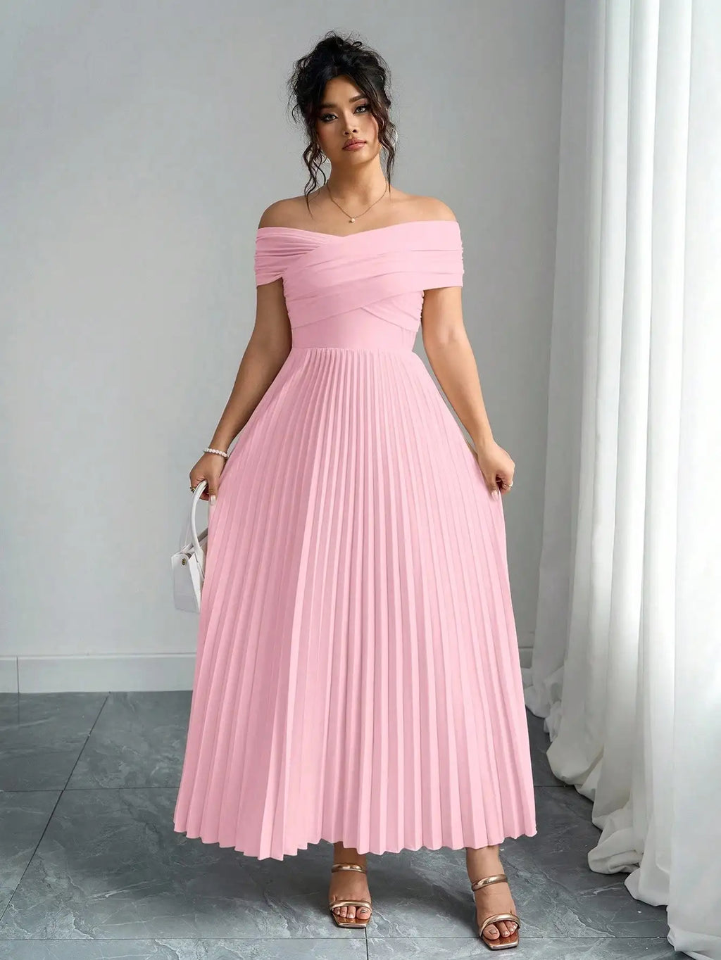 Candem Off Shoulder Pleated Soft Pink Crossover Neckline Maxi Dress