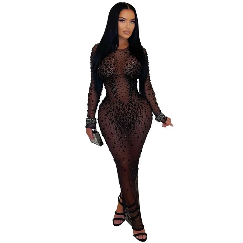 Memphis Mesh See Through Black Rhinestone Luxury Sexy Long Sleeve Bodycon Maxi Dress
