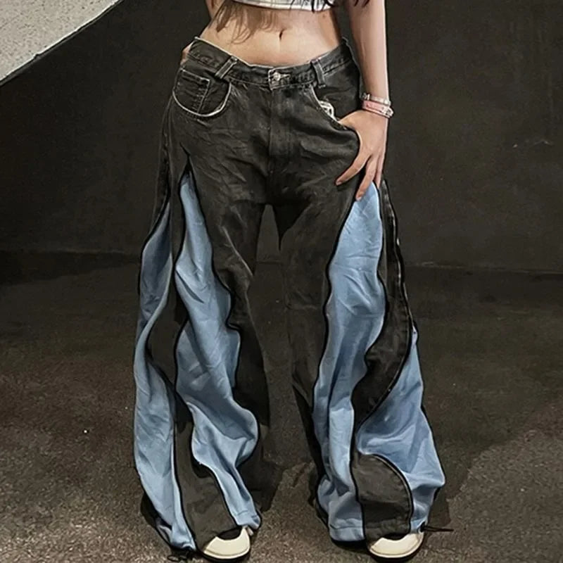 Wildwood Street Color Stitching Washed Baggy Slim Spice Girl Wide-leg Mop Jeans