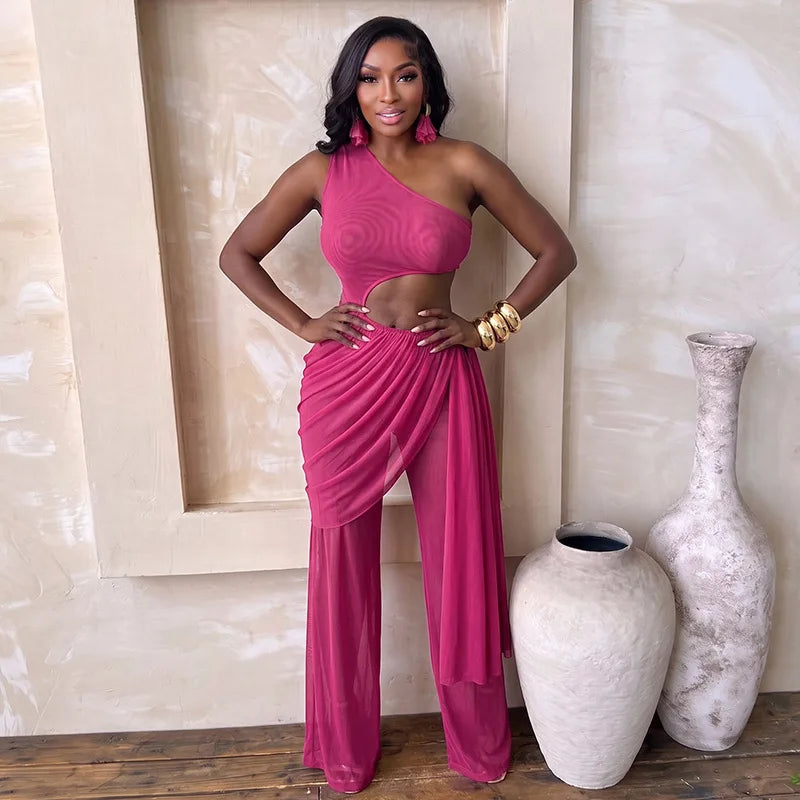 Alabama Mesh See Through One Shoulder Cutout Waist Jumpsuit Draped Overlay