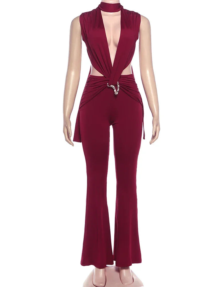 Syracuse Ruched Waistless Metal Cross Hollow Bandage Coquette Midnight Jumpsuit