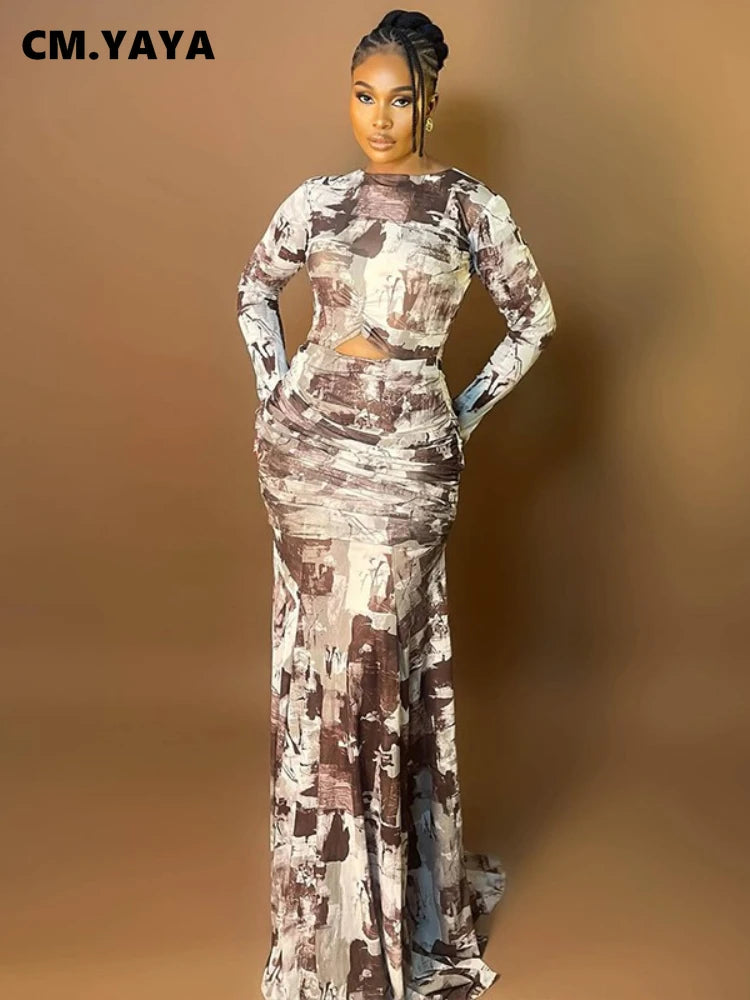 Quintana Roo Printed Ruched Long Sleeve Cutout Maxi Long Dress