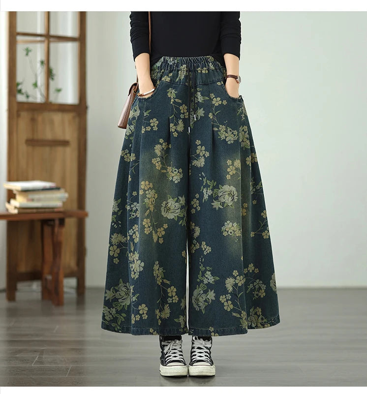 Printed Jeans For Women 2025 Autumn Vintage Extended Elastic Waist