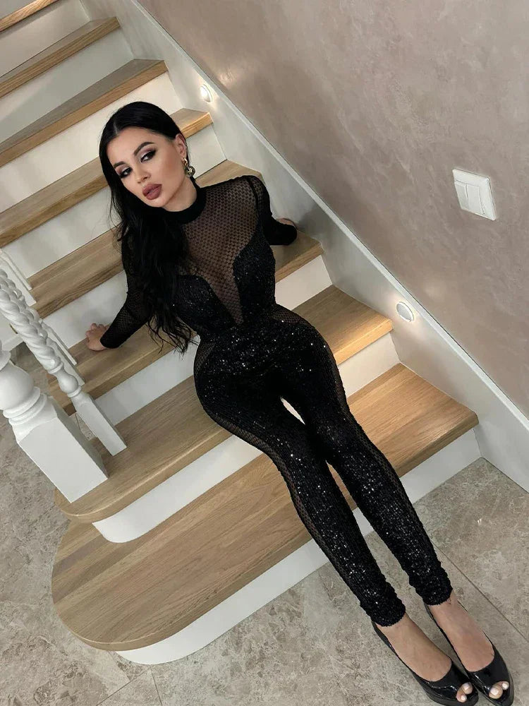 City Hall Mesh Squined Solid See Through O-Neck Regular Long Sleeves Skinny Jumpsuit