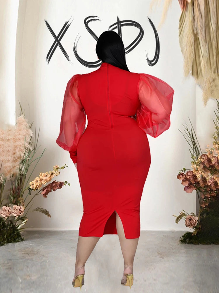 Newton Plus Size Solid Color Spring Mesh Lantern Long Sleeve Dress