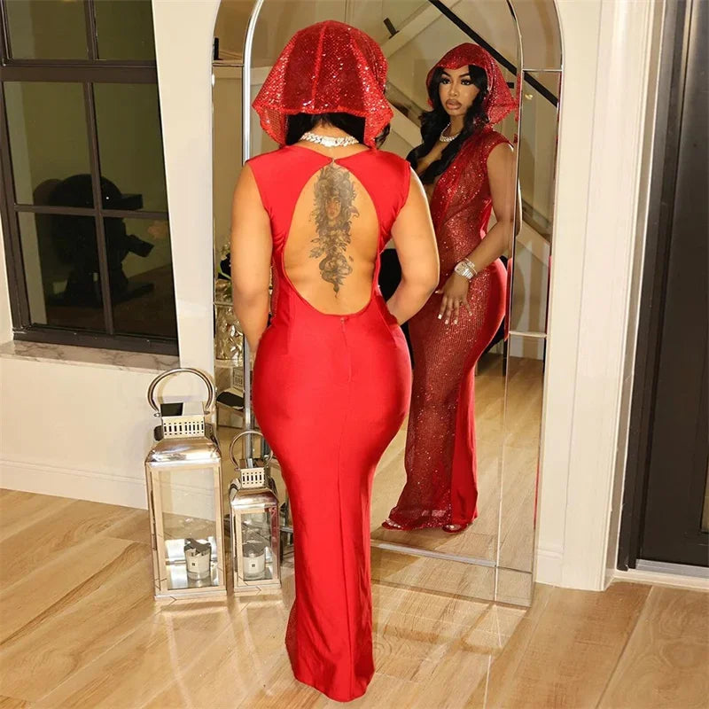 Virginia Deep V-neck Hooded Party Nightclub Prom Mesh Long Maxi Dresses