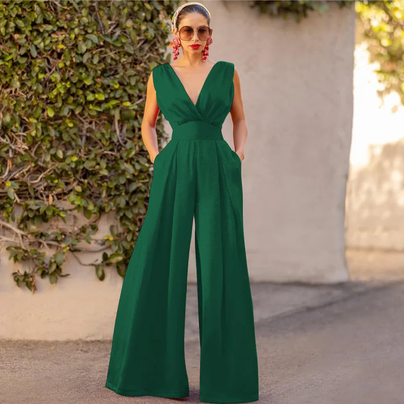 Slim Jumpsuit Women Slim Fits Sleeveless Tank Tops Rompers Jumpsuits V-neck Sexy High Waist Straight Wide Leg Pants Jumpsuits