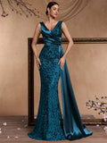 Puebla Elegant V Neck Splice Ribbons Sequins Sleeveless Mermaid Formal Dress