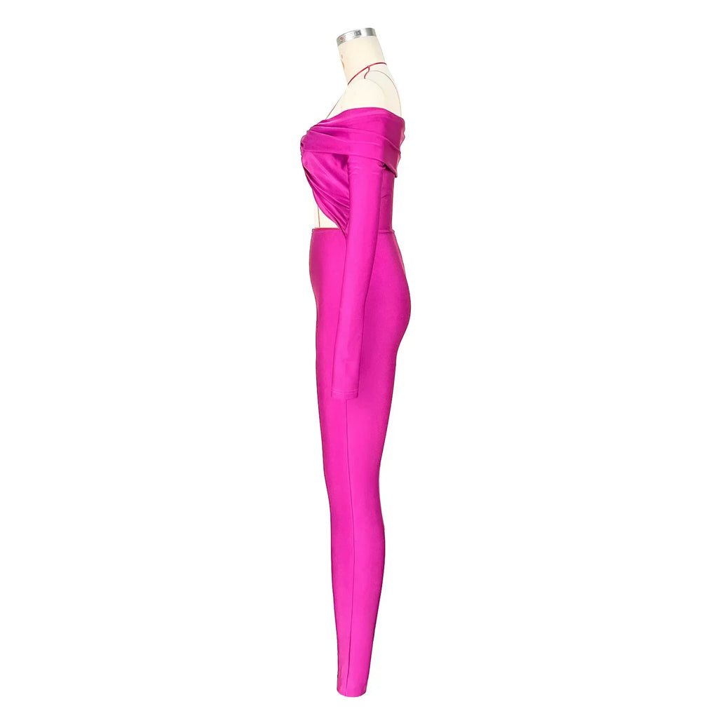 Oneida Hollow Out Sexy Party Clubwear Long Sleeve Slash Neck Crop Jumpsuits