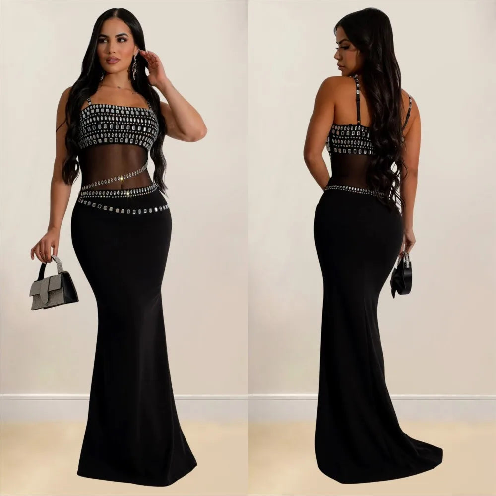 Stamford Diamond Mesh Sexy Transparent Lace Party Elegant Maxi Dress