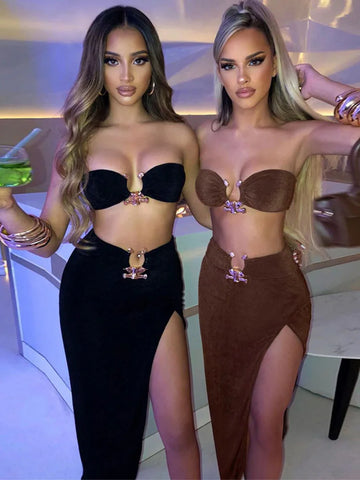 Nahomi Velvet Sexy Strapless High Waist Slit Two Piece Sets
