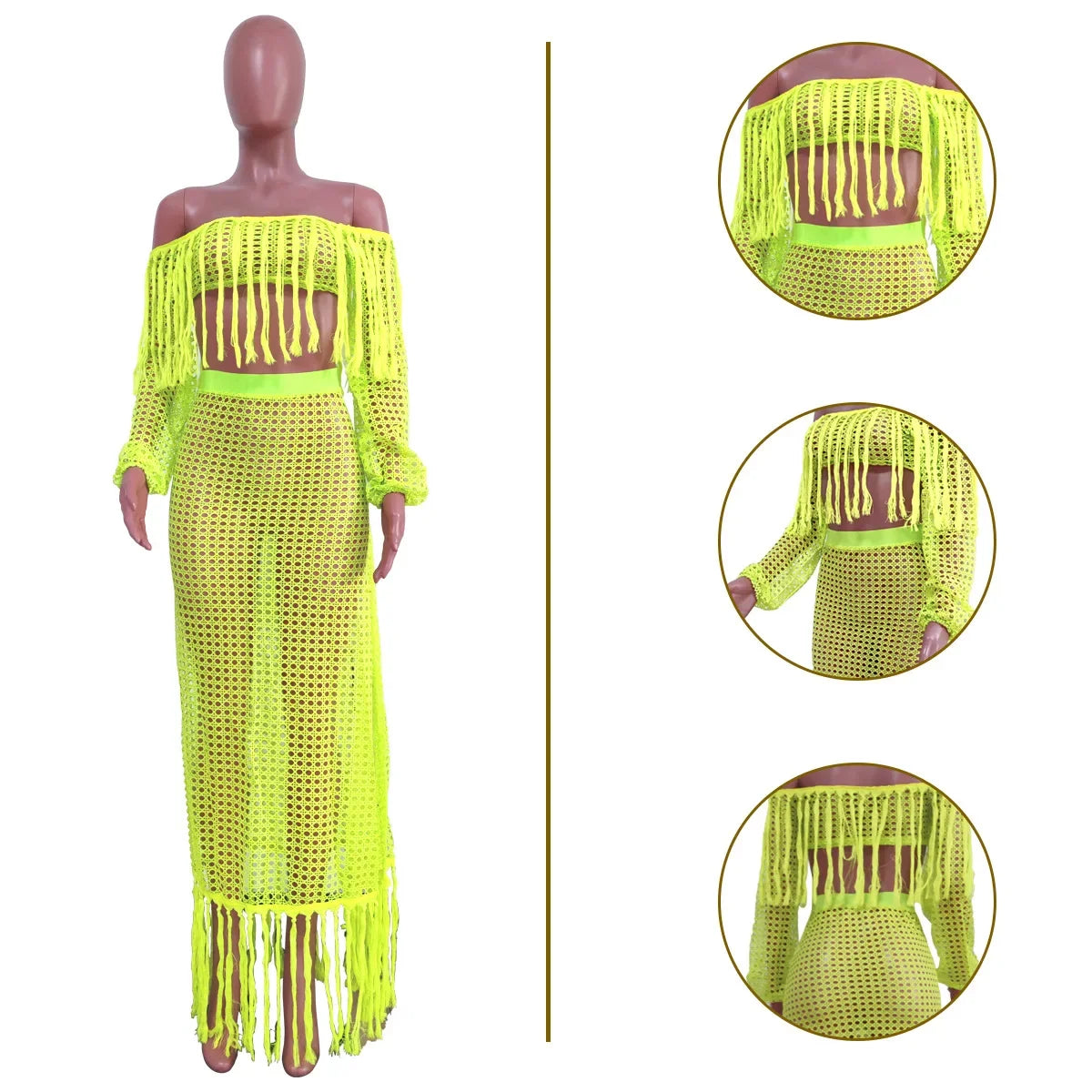 Off Shoulder Tassel Hollow Out Beach Set