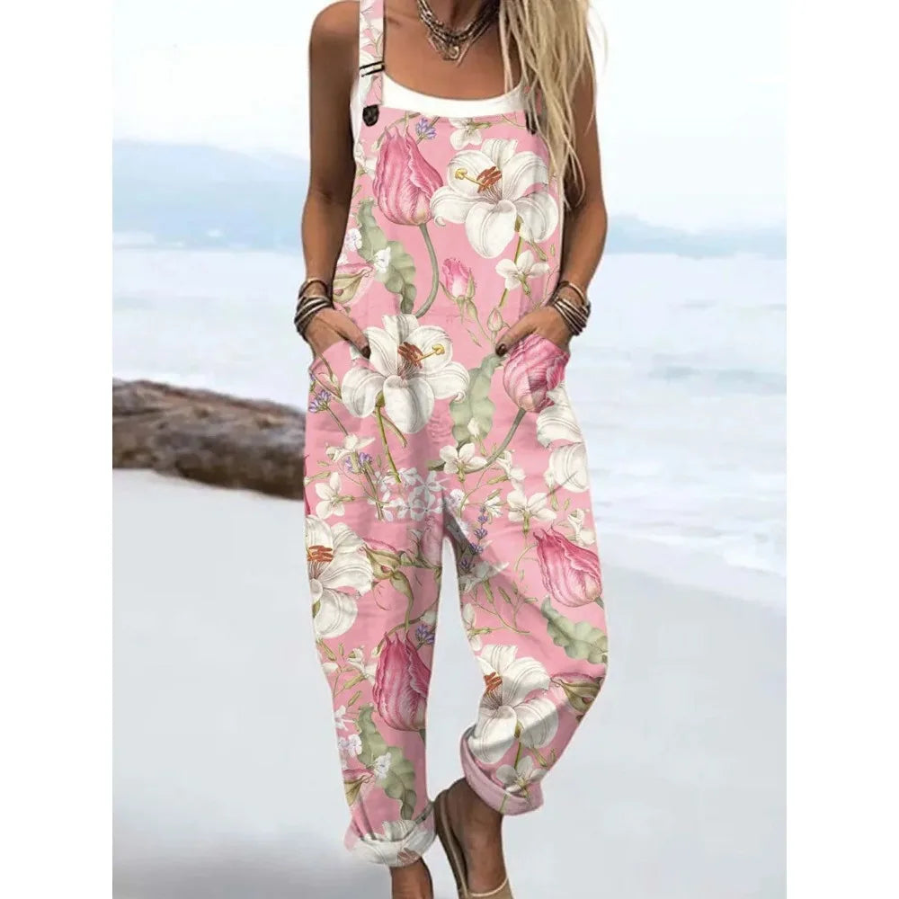Summer Floral Romper Overalls Breathable & Comfortable Women's Jumpsuit with Pockets Adjustable Straps Romper for Streetwear