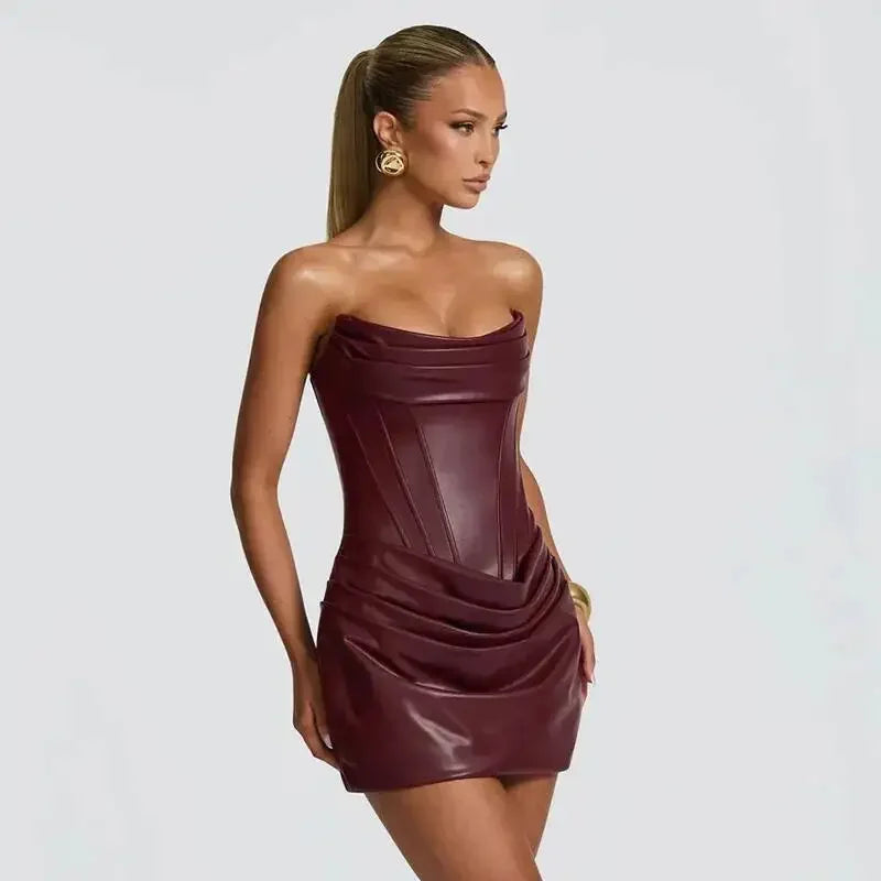 Ronkonkoma PU Pleated Sleeveless Strapless Pleated Party Dress
