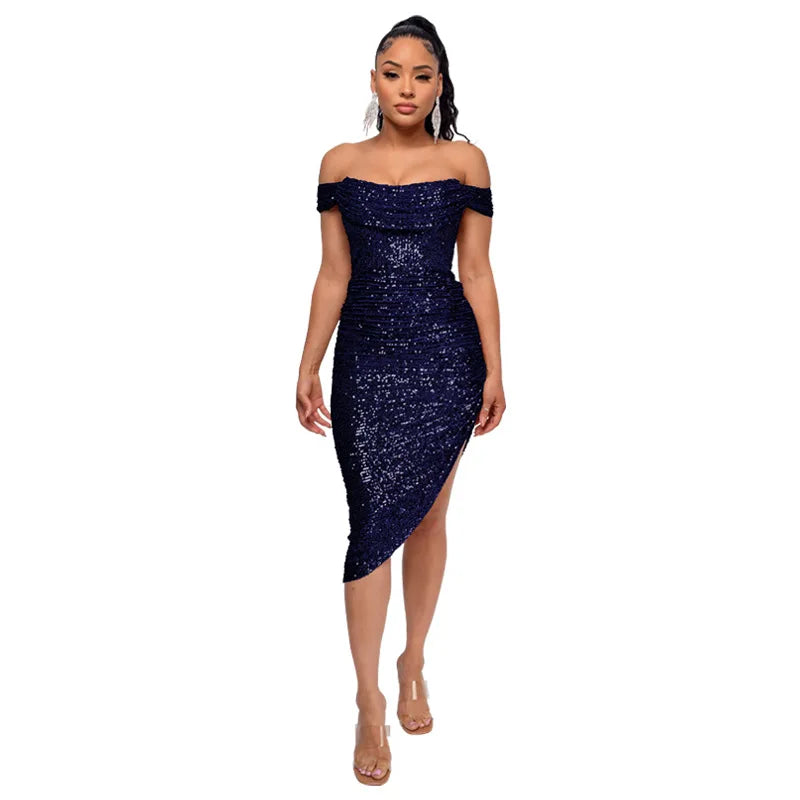 Virginia One Shoulder Bodycon Sparkly High Slit Midi Dresses