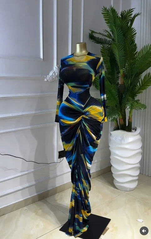 La Gloria Tie Dye Print Ruched Stacked Long Sleeve Bodycon Maxi Dress