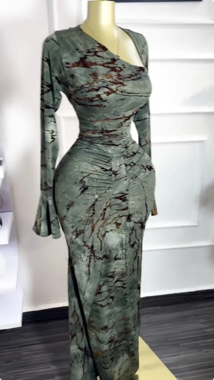 Vermella Printed Skew Neck Flare Long Sleeve Ruched Long Dress