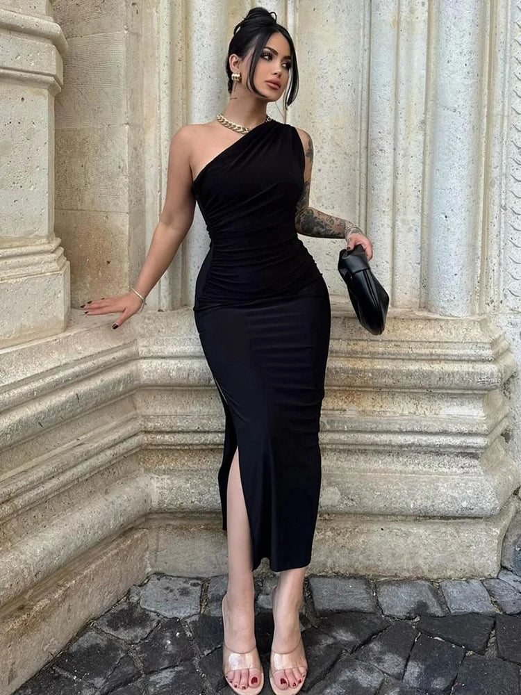 Maxi Sexy Split Black Sleeveless Backless Slim Off Shoulder Club Elegant Party Dresses