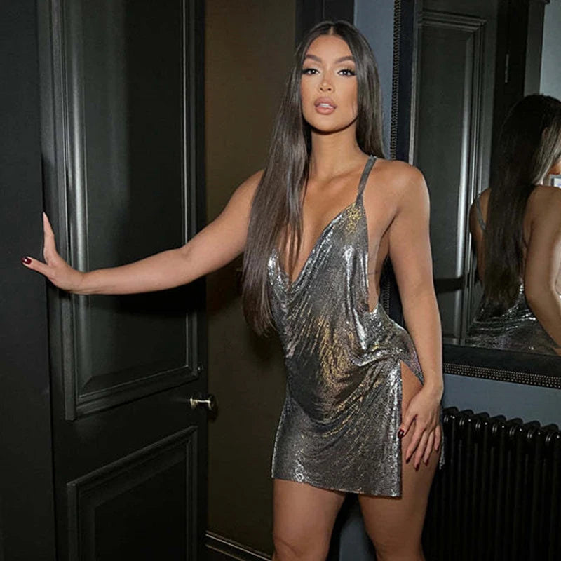 Yorktown Glitter V-Neck Lace-Up Sequin Bodycon Mini Dress