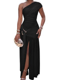 Mount Olive Sexy Formal One Shoulder Long Split Hem Solid Party Maxi Dress