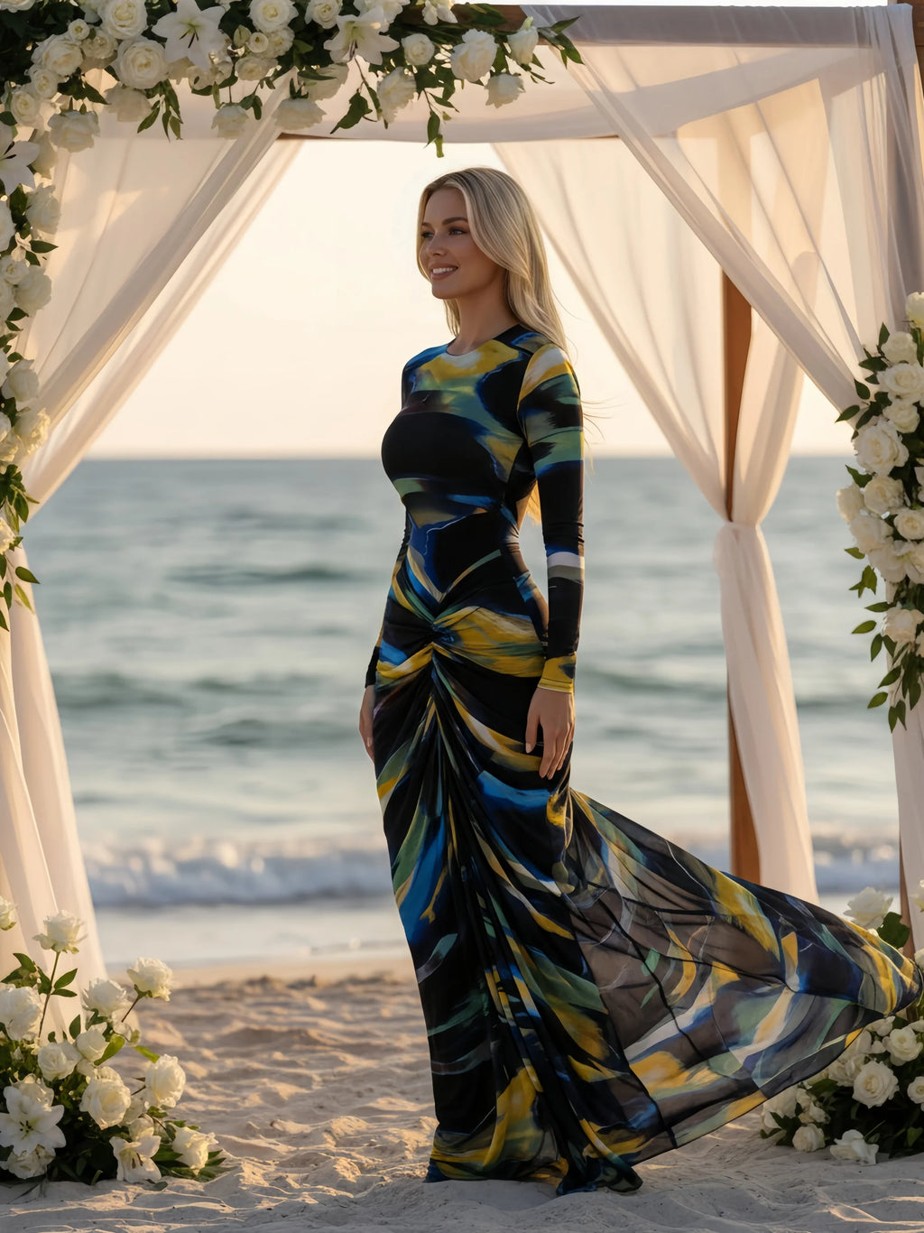 La Gloria Tie Dye Print Ruched Stacked Long Sleeve Bodycon Maxi Dress