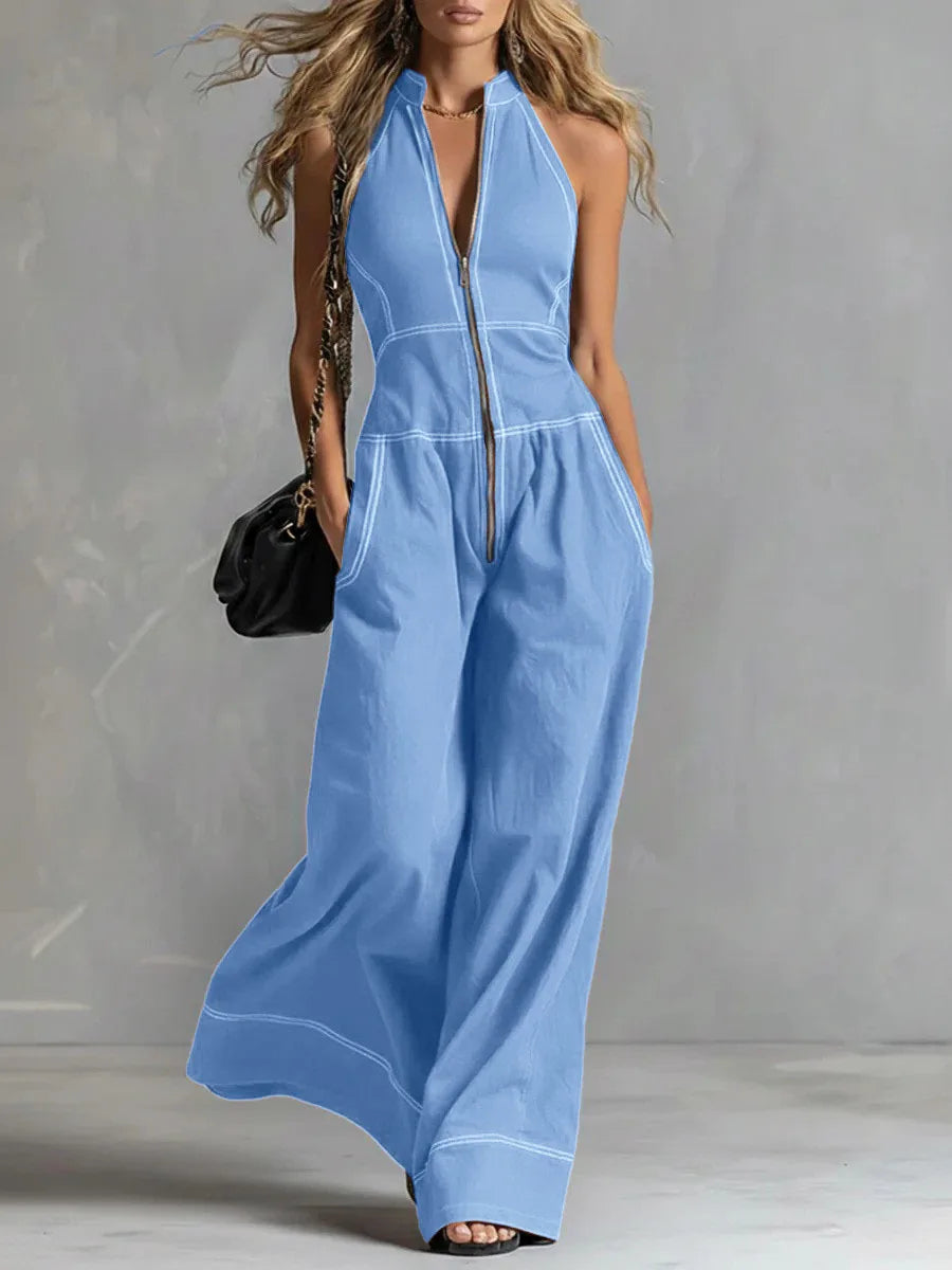 2026 New Summer Women's Jumpsuit Solid Color With Zipper Casual Loose Fashion Comfortable Unique Retro Niche Commuting Jumpsuit