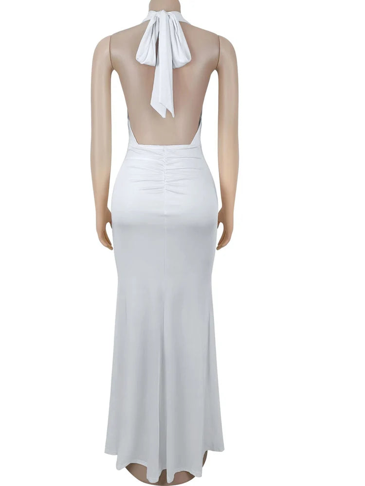 Bethelem Halter Maxi Elegant Backless Ruched Bodycon Long Gown Party Dress