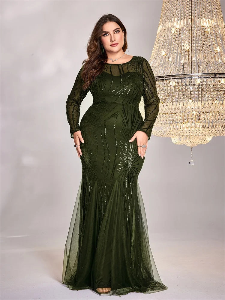 Nigeria Plus Size Elegant Green Long Sleeves Sequin Tulle Evening O Neck Mermaid Dress
