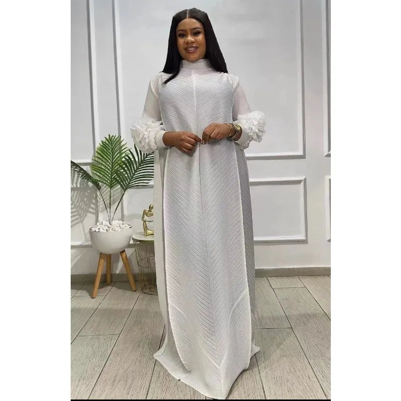 Miyake Solid Color Long Sleeved Three-dimensional Embroidered Temperament Long Loose Dress