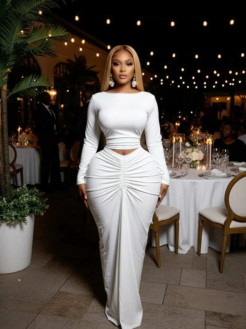 Mohegan Ruched Patchwork Bodycon Solid Color Hollow-out Long Sleeves Dress