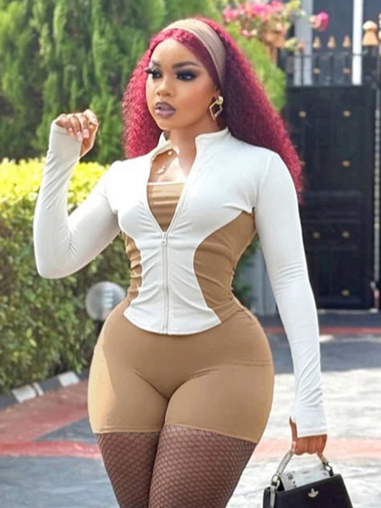 Ottawa Contrast Design Zip Full Sleeve Tide Daily Casual Sporty Fashion Outfits Set