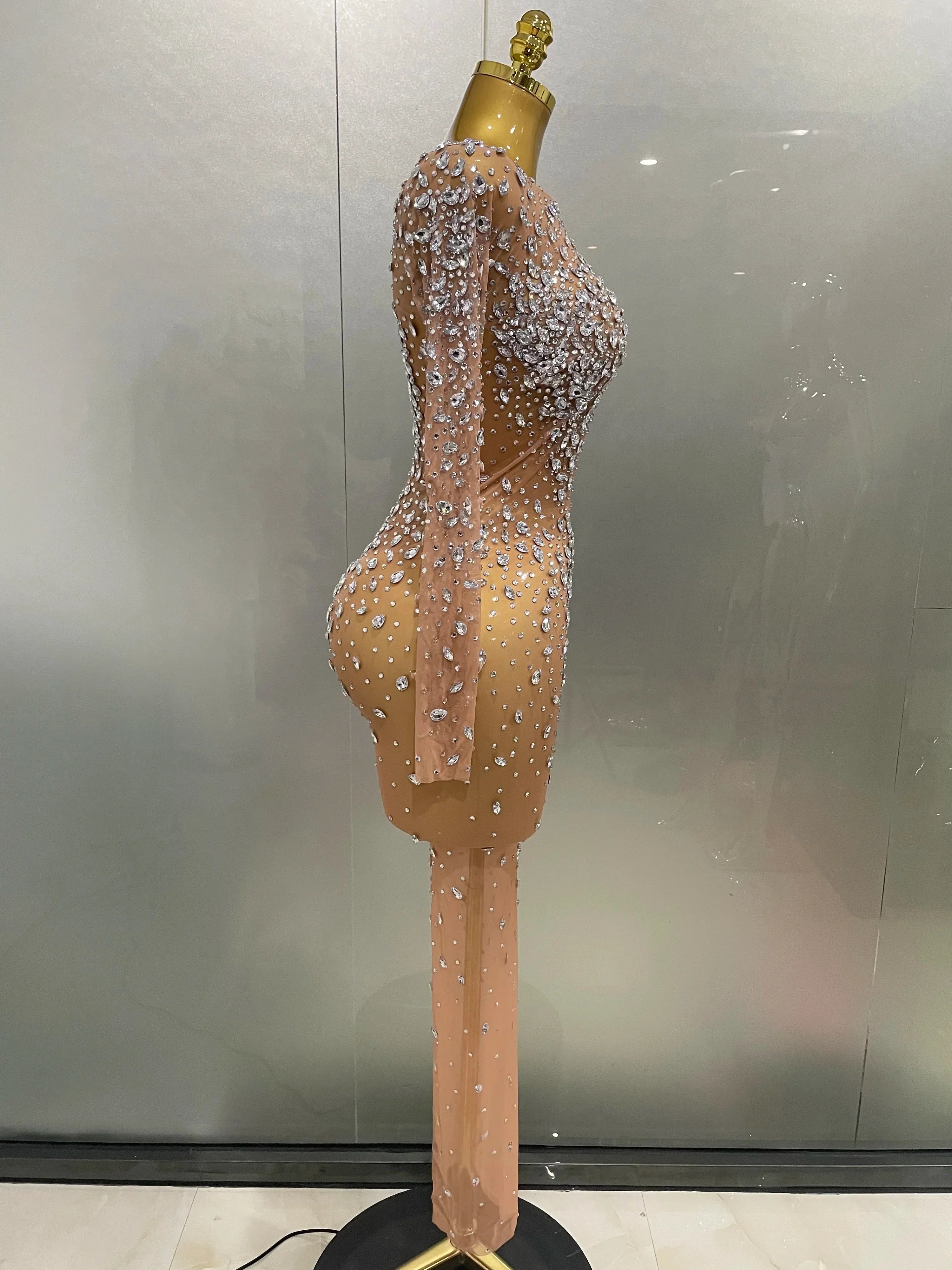 Cumberland Shinny Rhinestone Stretch Mesh Transparent Long Dress