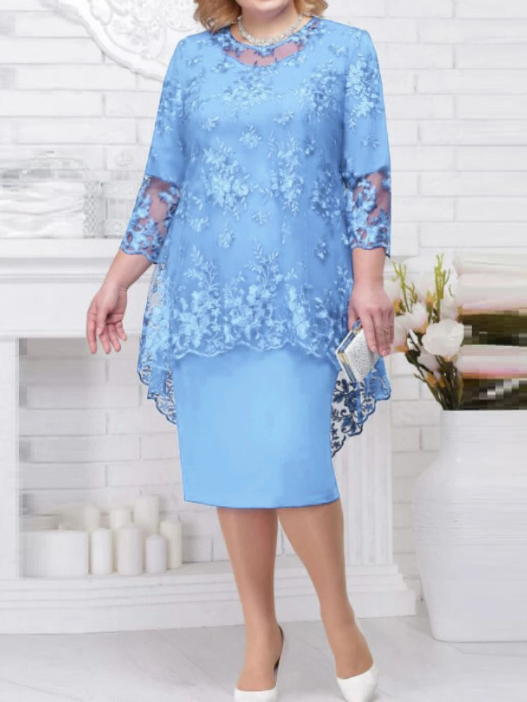 Jackson Plus Size Evening Gown Fashion Solid Color Round Neck High Waist Lace Embroidery Dress