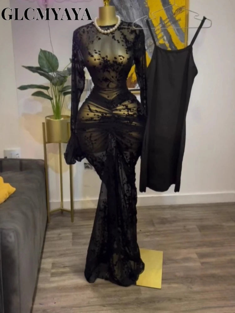 Peru Long Sleeve Stacked Mesh See Though with Lining Bodycon Long Dress