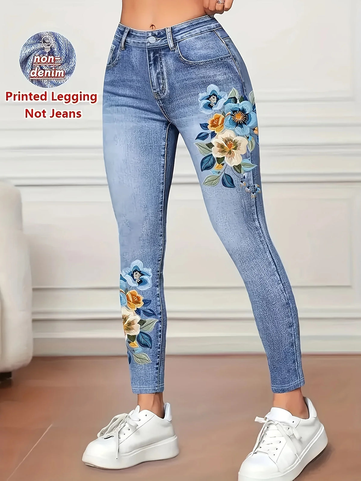 Arcansas Printed Skinny High Elastic Seamless Design with Faux Pockets Jeans