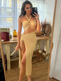 Honolulu Satin Solid Halter Backless Draped Hollow Out Shirring Bandage Slim Maxi Dress