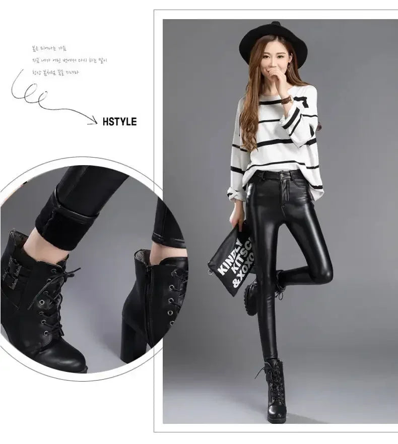 Green Pond PU Leather Leggings Pencil Pants with Thermal Lining Female High-Waisted Stretchy
