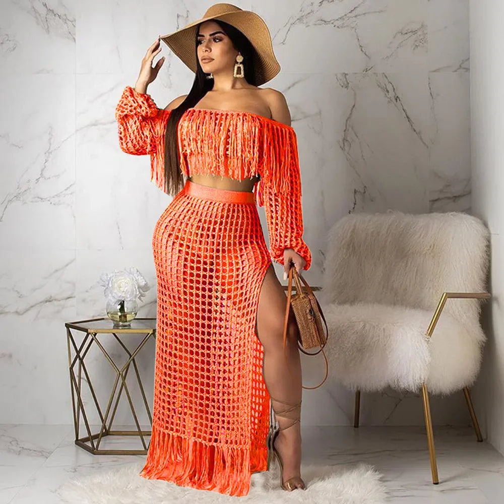 Off Shoulder Tassel Hollow Out Beach Set