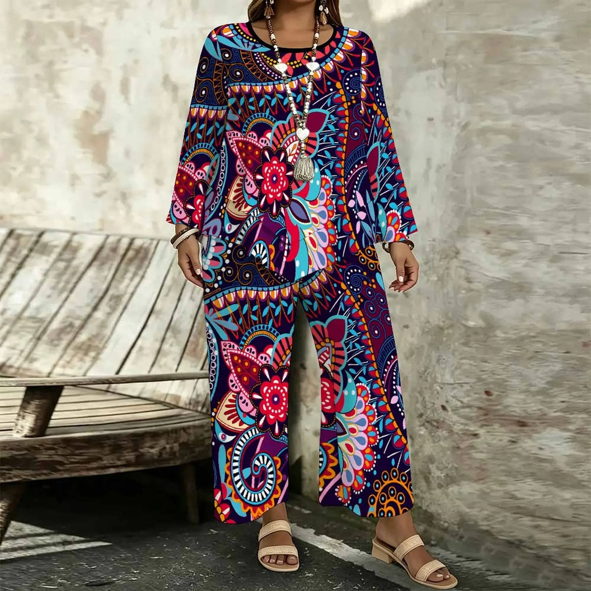 Pamela Plus Size Vintage Print Two Piece Sets